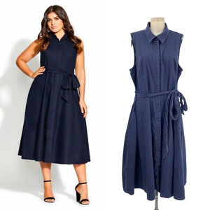 City Chic Shirt Detail Sleeveless Dress Navy Blue‎ Linen Blend Plus Size 20